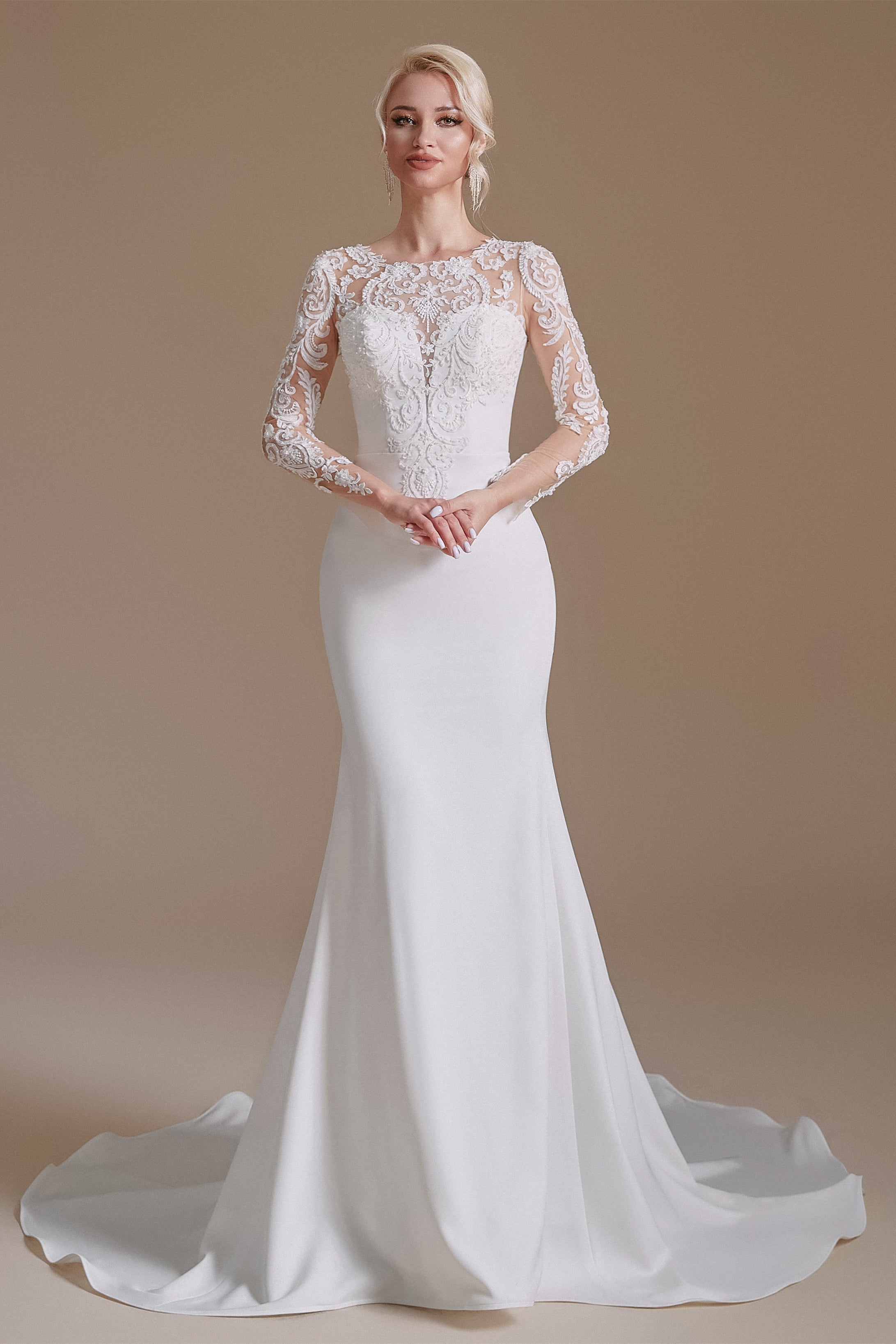 Jewel Lace Long Sleeves Mermaid Wedding Dress | Showprettydress Design-showprettydress