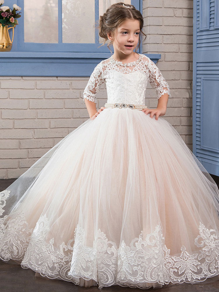 Jewel Neck Lace Long Sleeves Floor-Length Princess Embroidered Formal