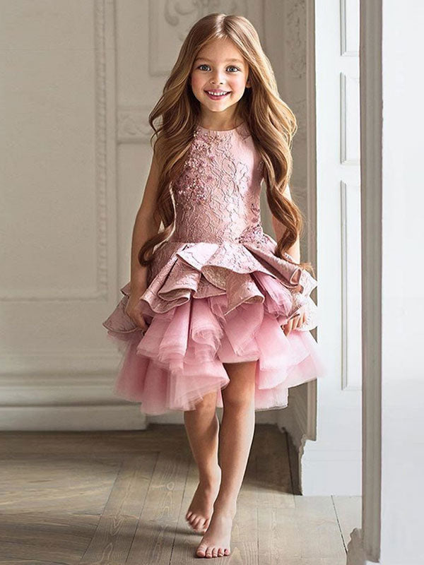 Jewel Neck Lace Sleeveless Short A-Line Applique Kids Social Party Dre