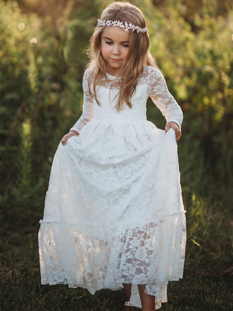 Jewel Neck Long Sleeves Embroidered Kids Party Dresses