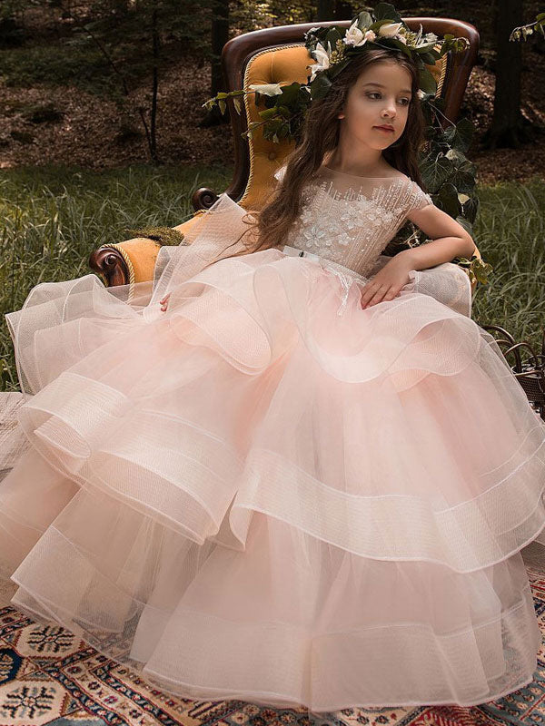 Jewel Neck Short Sleeves Applique Kids Social Pageant Dresses-showprettydress
