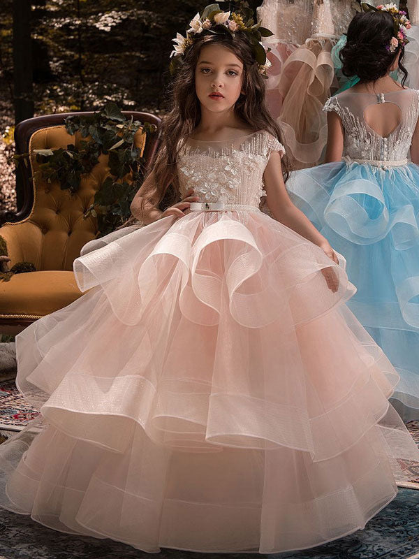 Jewel Neck Short Sleeves Applique Kids Social Pageant Dresses-showprettydress
