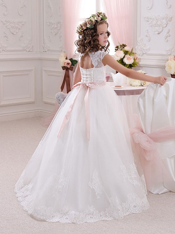 Jewel Neck Short Sleeves Sash Kids Princess Dresses-showprettydress