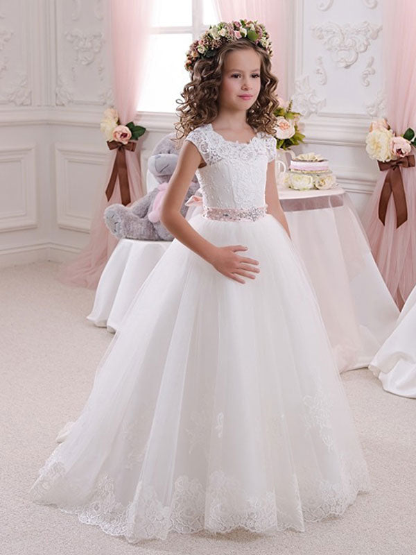 Jewel Neck Short Sleeves Sash Kids Princess Dresses-showprettydress