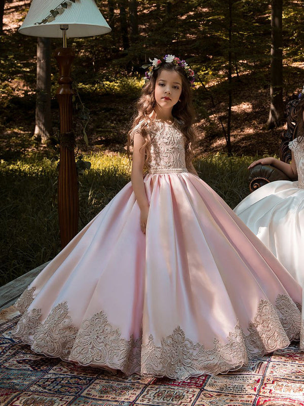 Jewel Neck Sleeveless Buttons Pageant flower girl dresses-showprettydress