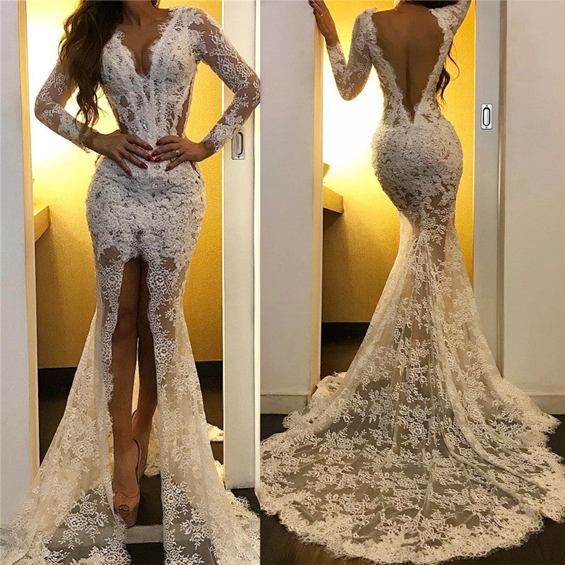 Lace Appliques Chic White Evening Dresses Long Sleeves Prom Dresses with Slit-showprettydress