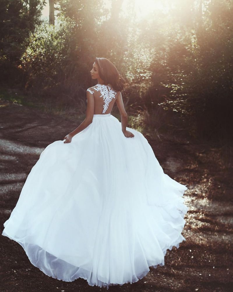 Lace Appliques Chiffon Wedding Dresses Modern Front Slit sheer Bride Dress-showprettydress