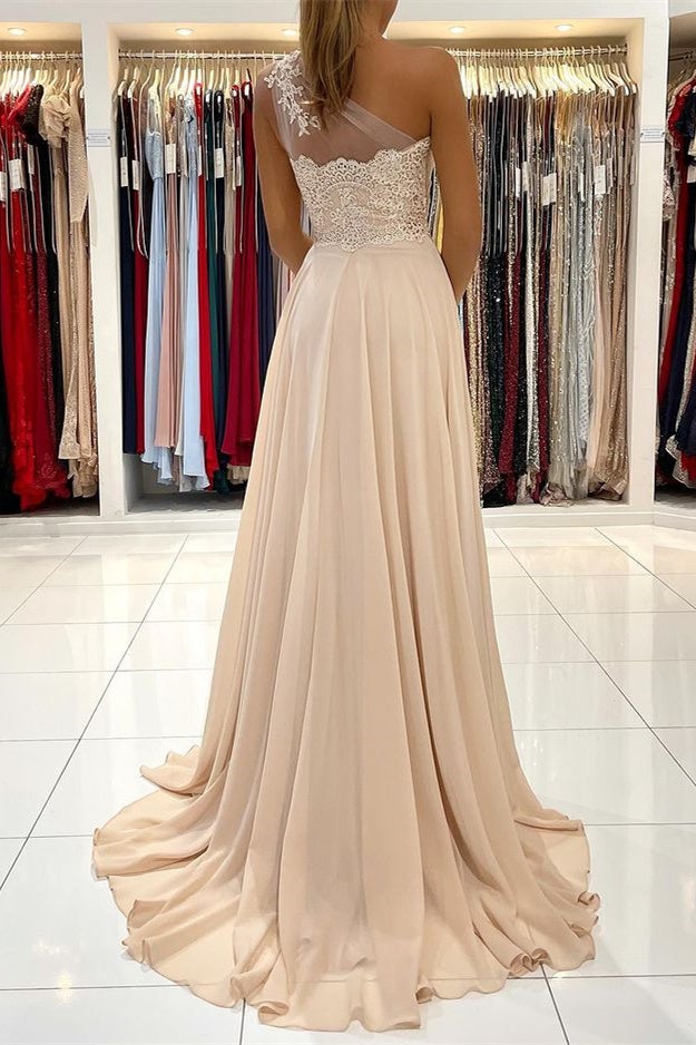 Lace Appliques Sleeveless One-Shoulder Prom Dress-showprettydress