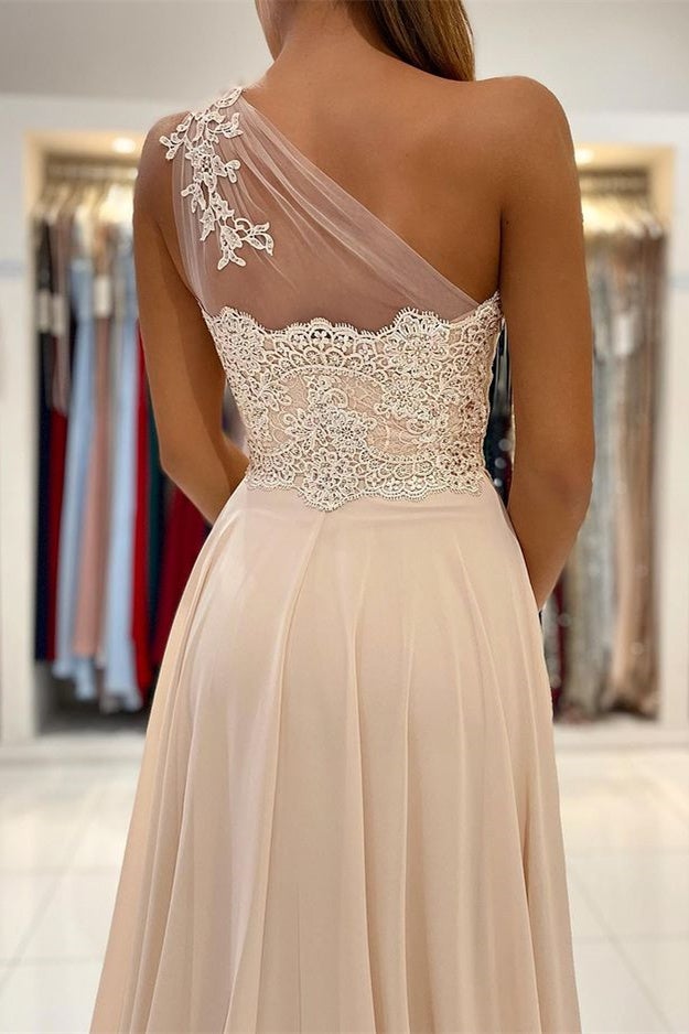 Lace Appliques Sleeveless One-Shoulder Prom Dress-showprettydress