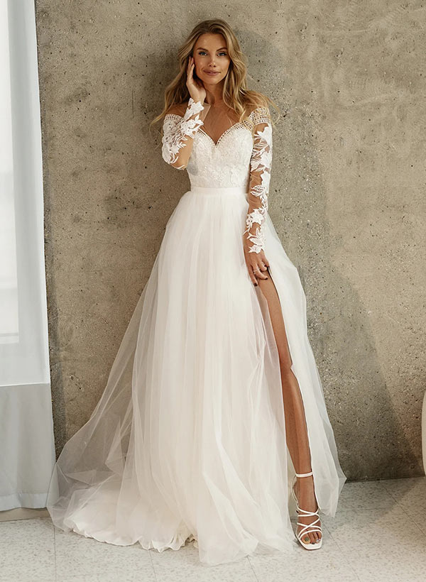 Lace Long Sleeves Wedding Dress Front Split-Showprettydress
