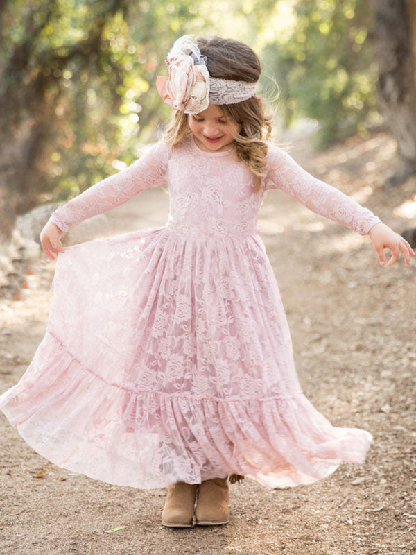 long sleeve flower girl dresses Lace Pink Round Neck Long Sleeve Flower Girl Dress