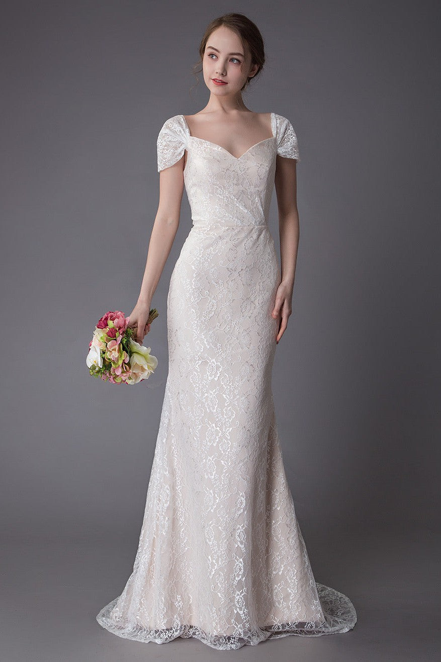 Lace Wedding Dress Vanilla Cream Sweetheart Short Sleeve Bridal Dress Mermaid Bridal Gown With Train Exclusive-showprettydress