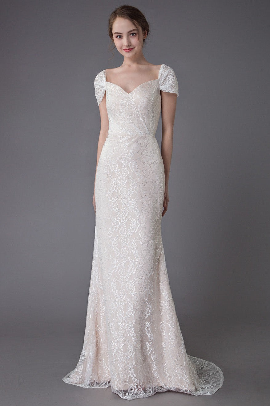 Lace Wedding Dress Vanilla Cream Sweetheart Short Sleeve Bridal Dress Mermaid Bridal Gown With Train Exclusive-showprettydress