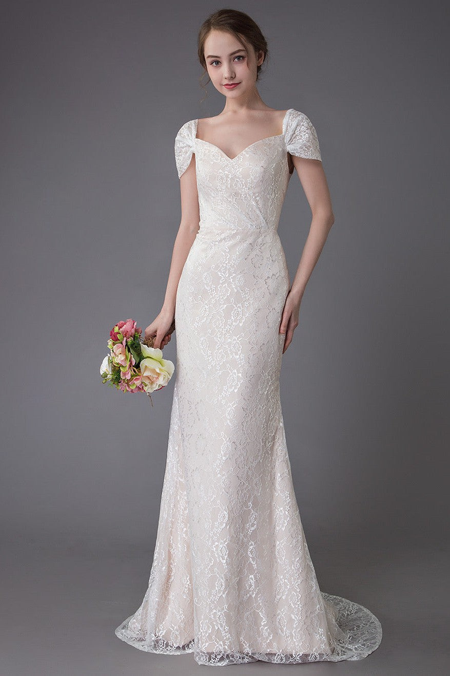 Lace Wedding Dress Vanilla Cream Sweetheart Short Sleeve Bridal Dress Mermaid Bridal Gown With Train Exclusive-showprettydress