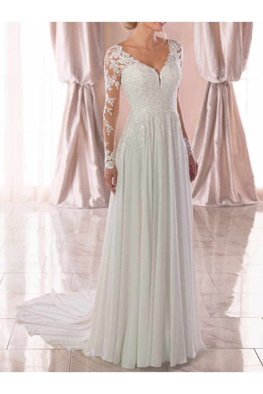Lace Wedding Dresses Chiffon Chic V-Neck A-line Long Sleeve Lace Applique Beach Wedding Bridal Dress With Train Free Customization-Showprettydress