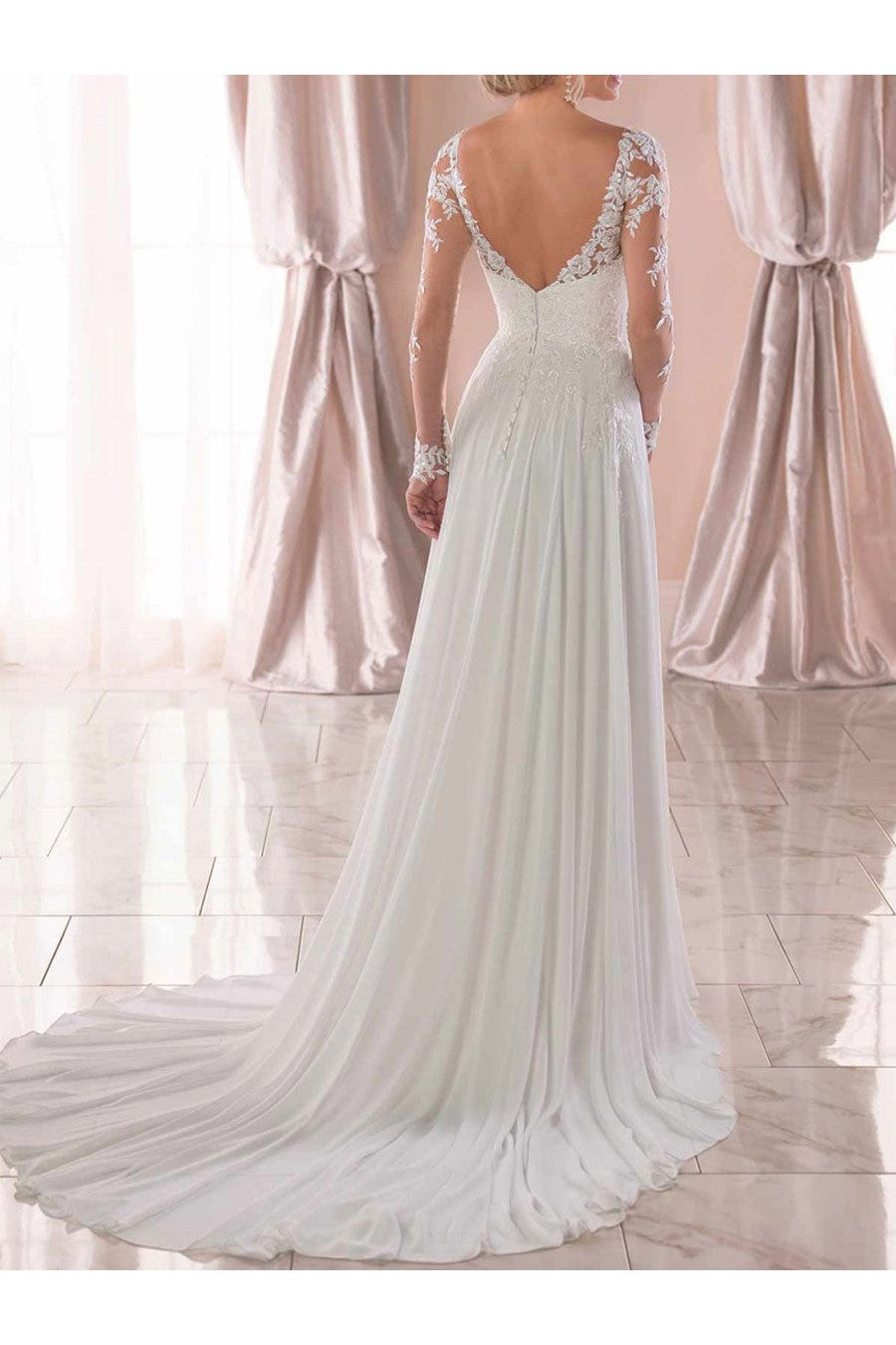 Lace Wedding Dresses Chiffon Chic V-Neck A-line Long Sleeve Lace Applique Beach Wedding Bridal Dress With Train Free Customization-Showprettydress