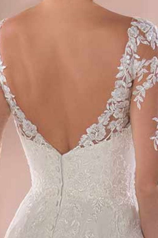 Lace Wedding Dresses Chiffon Chic V-Neck A-line Long Sleeve Lace Applique Beach Wedding Bridal Dress With Train Free Customization-Showprettydress