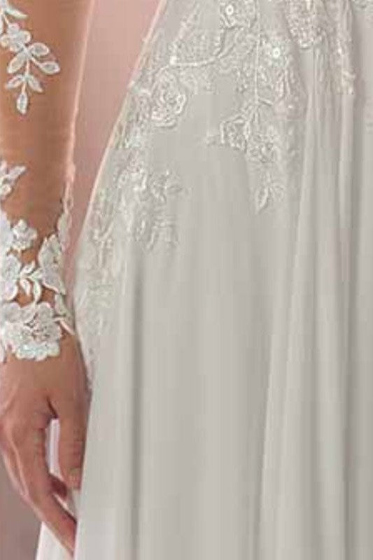 Lace Wedding Dresses Chiffon Chic V-Neck A-line Long Sleeve Lace Applique Beach Wedding Bridal Dress With Train Free Customization-Showprettydress