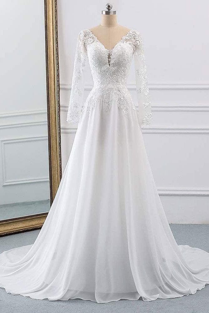 Lace Wedding Dresses Chiffon Chic V-Neck A-line Long Sleeve Lace Applique Beach Wedding Bridal Dress With Train Free Customization-Showprettydress