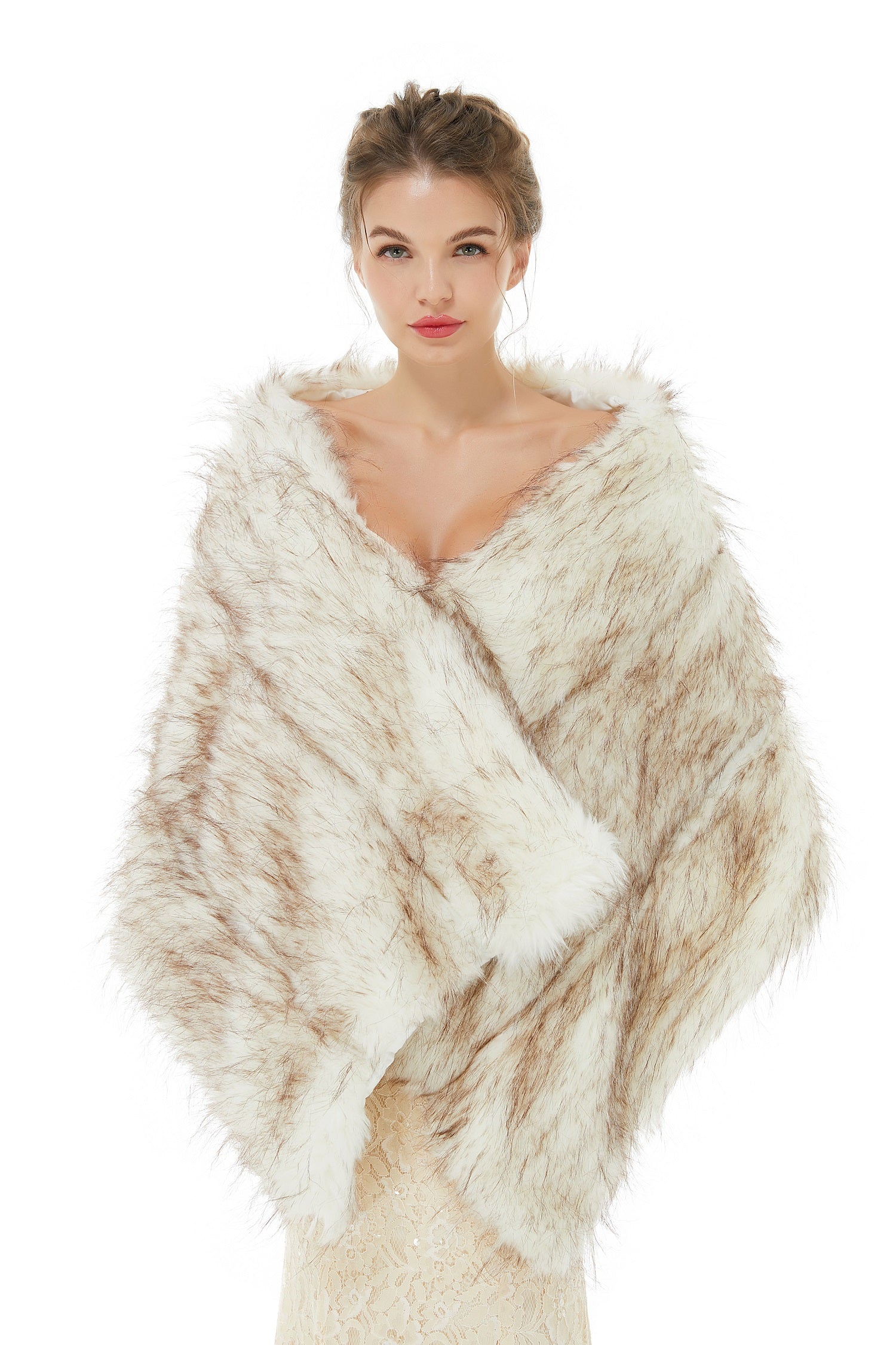 Light Brown Wedding Wrap Faux Fur Sleeveless Open Front Bridal Shawl-showprettydress