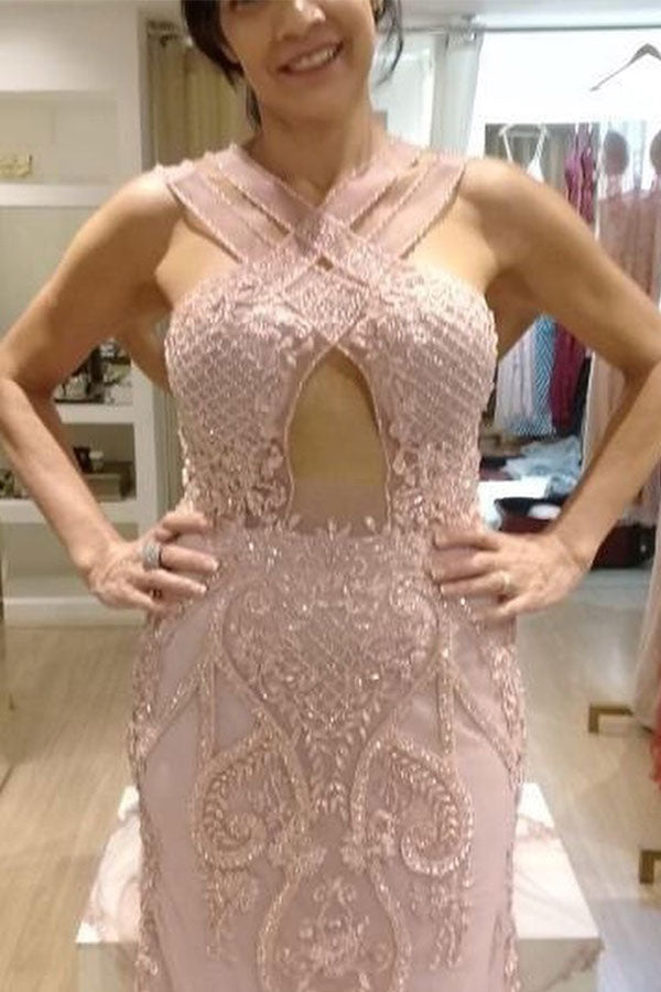 Light Dusty Pink Column Cross-front Keyhole Prom Party Gowns with Beaded Lace Appliques-showprettydress