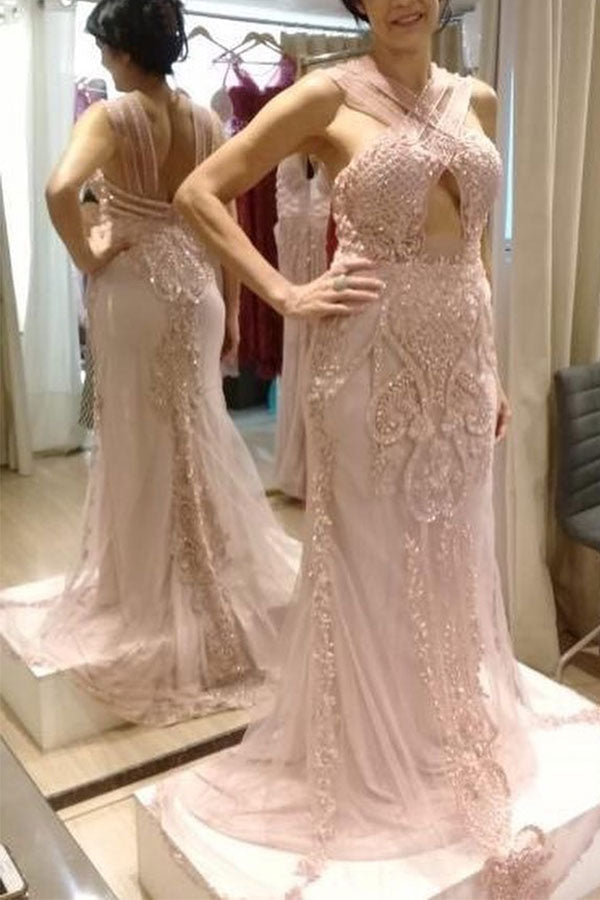 Light Dusty Pink Column Cross-front Keyhole Prom Party Gowns with Beaded Lace Appliques-showprettydress