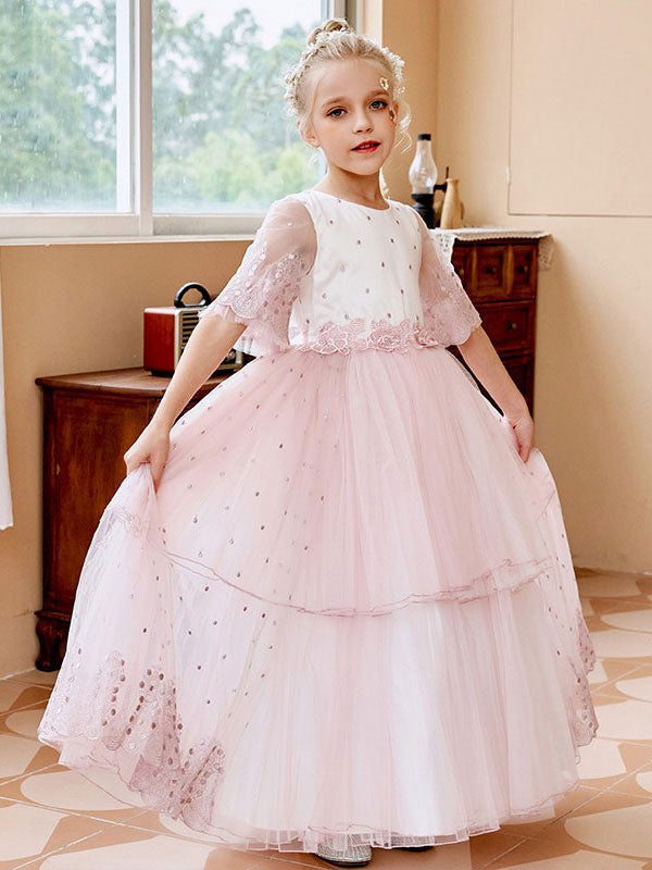 green emerald velvet dress Light Pink Jewel Neck Short Sleeves Sash Lace Tulle Formal Kids Pagean