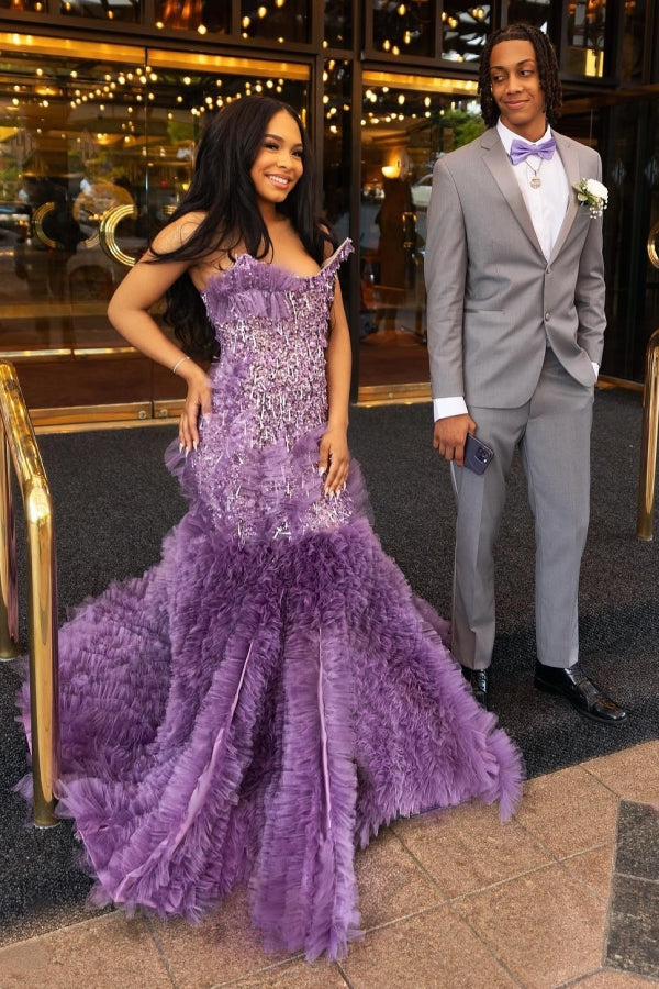 Lilac Modern One Shoulder Ruffles Front Slit Prom Dress-showprettydress