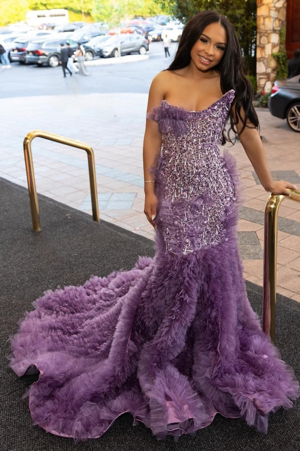 Lilac Modern One Shoulder Ruffles Front Slit Prom Dress-showprettydress