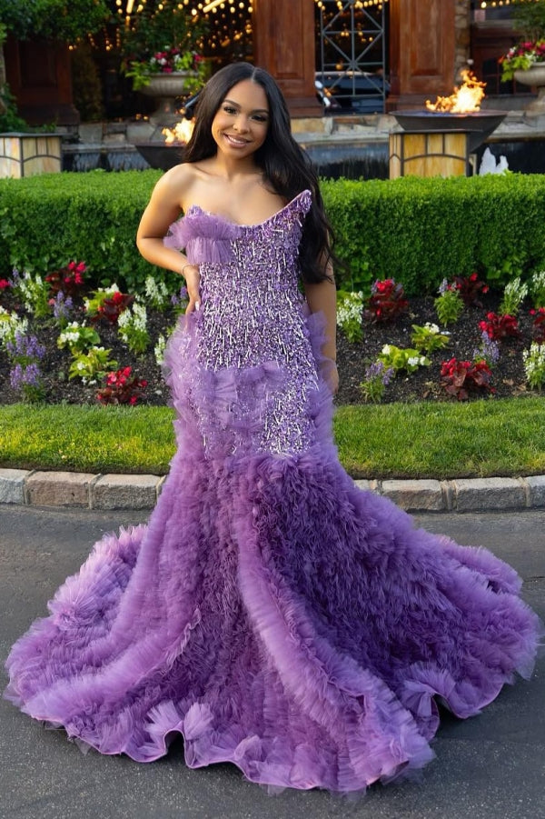 Lilac Modern One Shoulder Ruffles Front Slit Prom Dress-showprettydress
