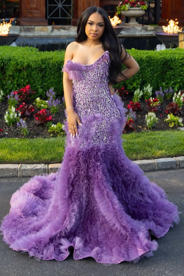 Lilac Modern One Shoulder Ruffles Front Slit Prom Dress-showprettydress