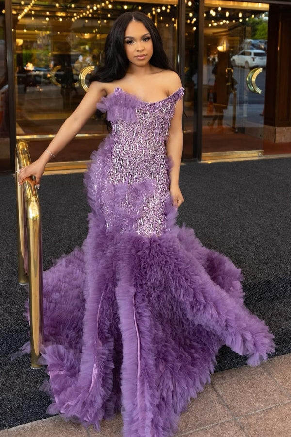 Lilac Modern One Shoulder Ruffles Front Slit Prom Dress-showprettydress