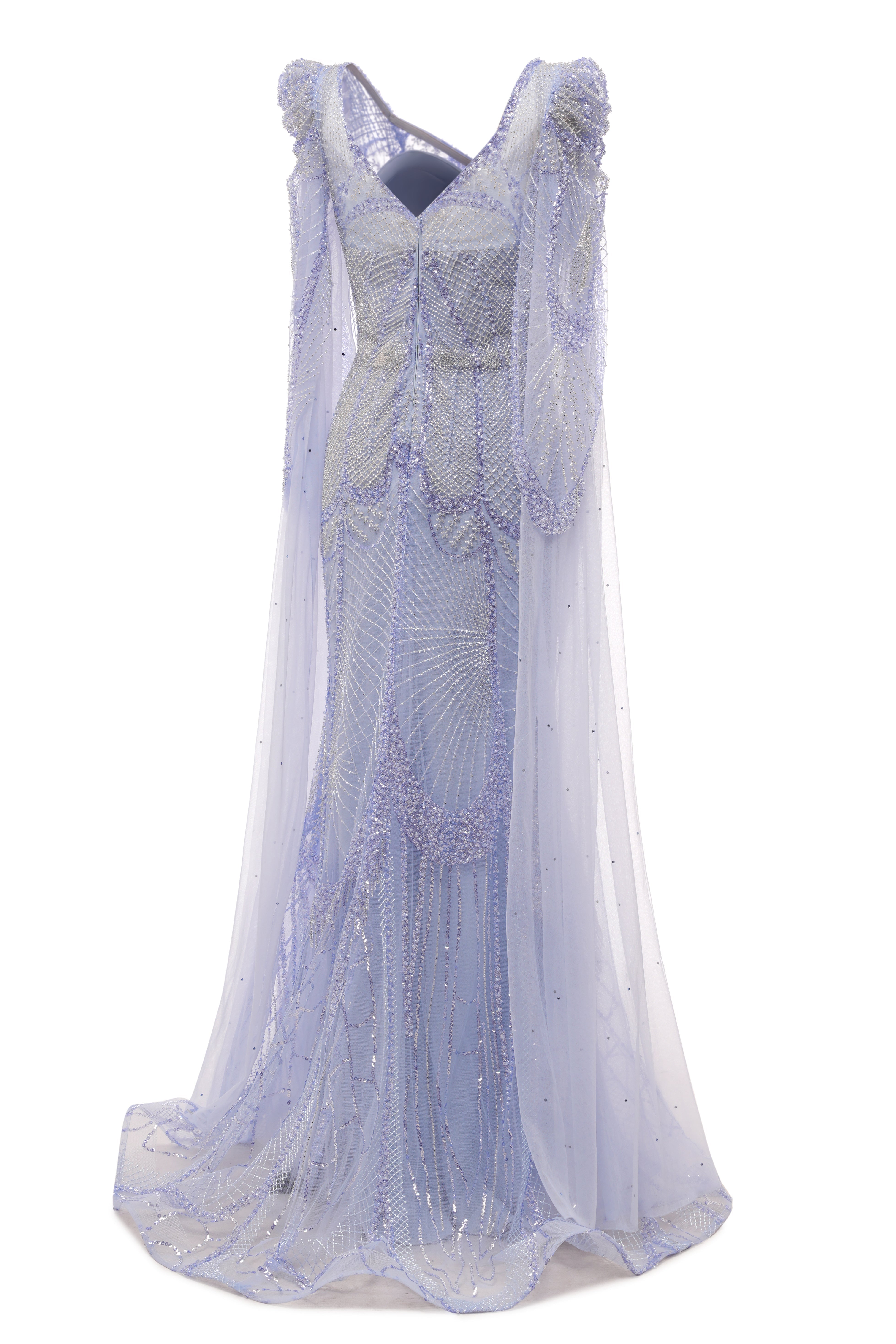 Lilac Tulle Beaded V-neck Mermaid Tulle Evening Dresses-showprettydress