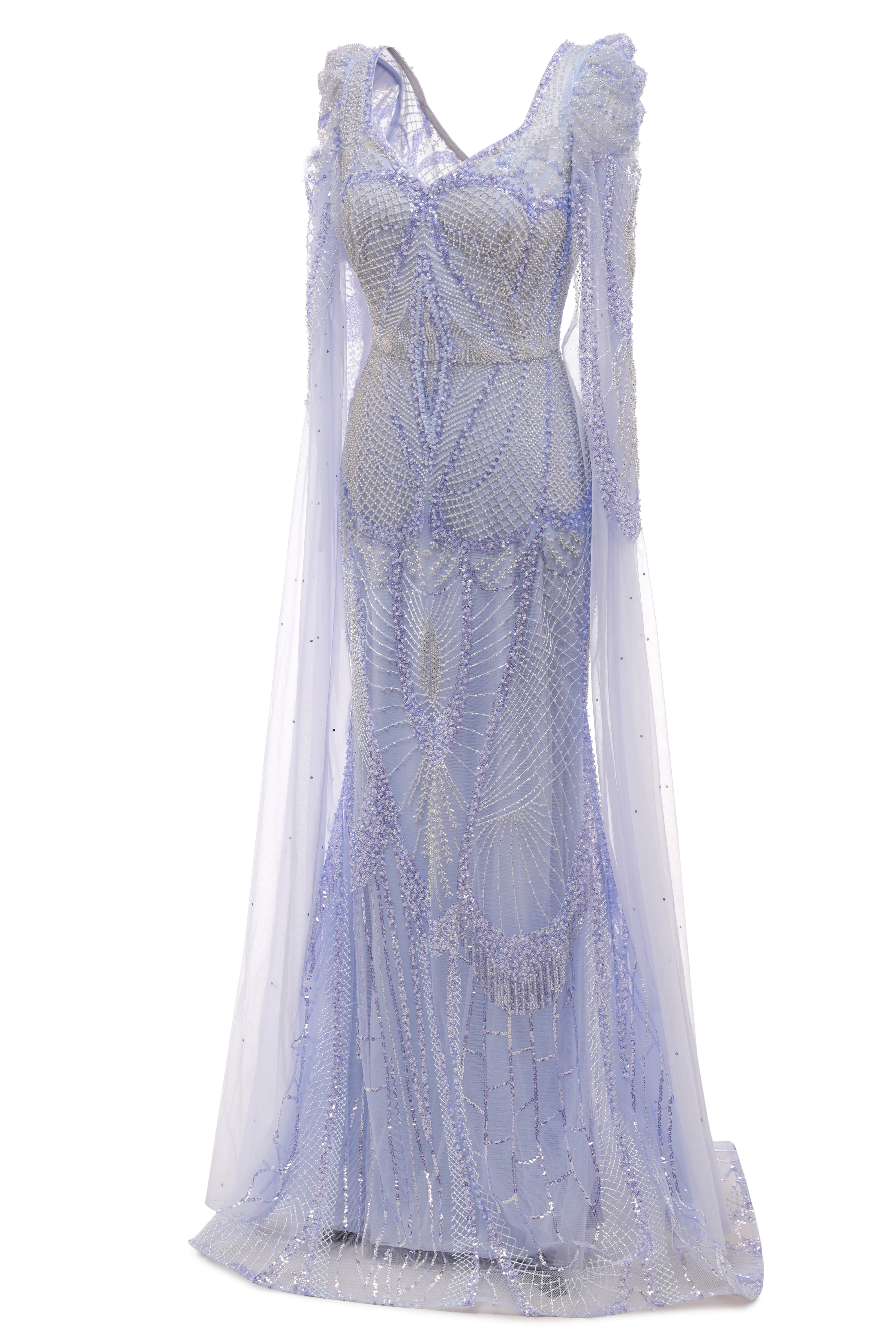 Lilac Tulle Beaded V-neck Mermaid Tulle Evening Dresses-showprettydress