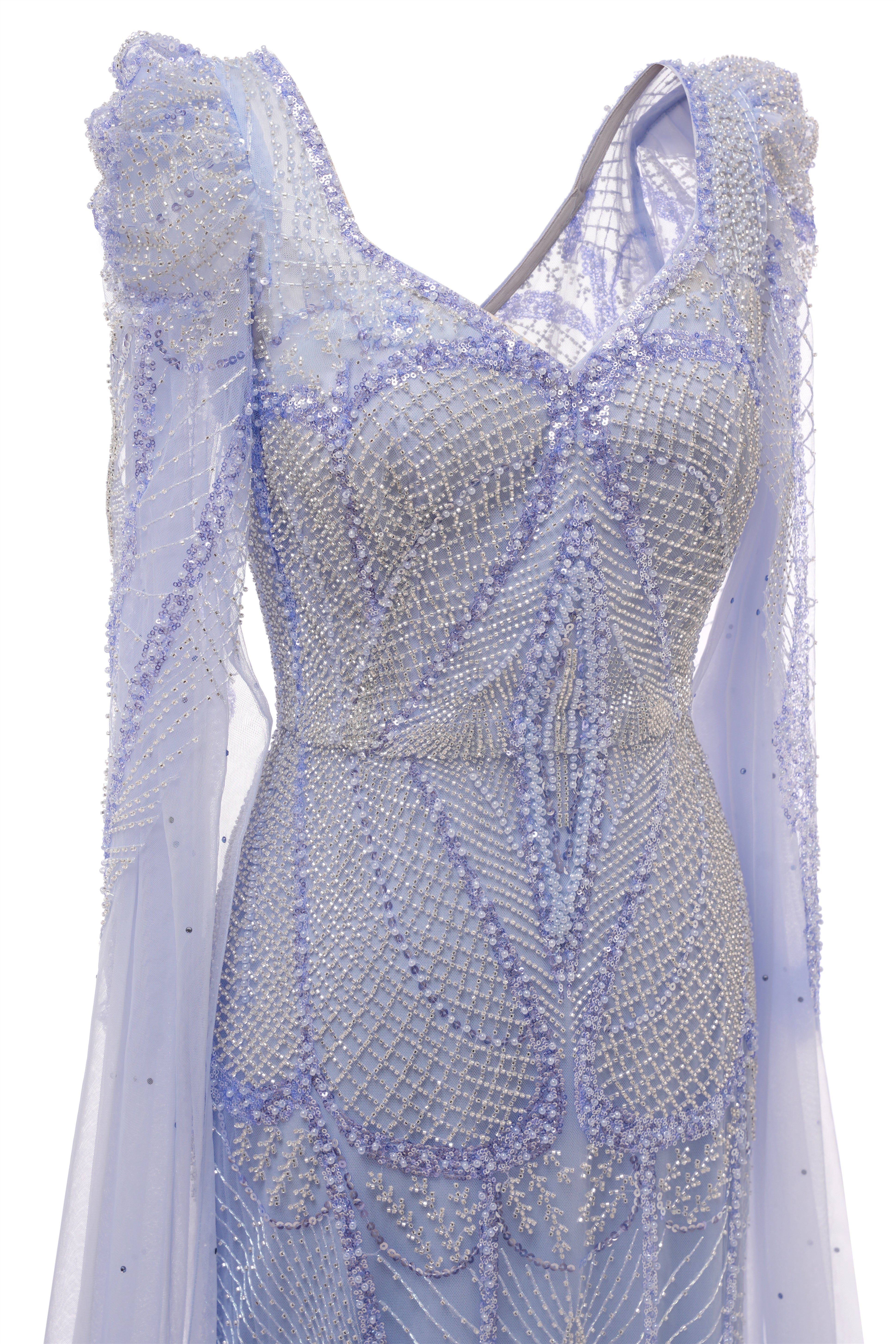 Lilac Tulle Beaded V-neck Mermaid Tulle Evening Dresses-showprettydress