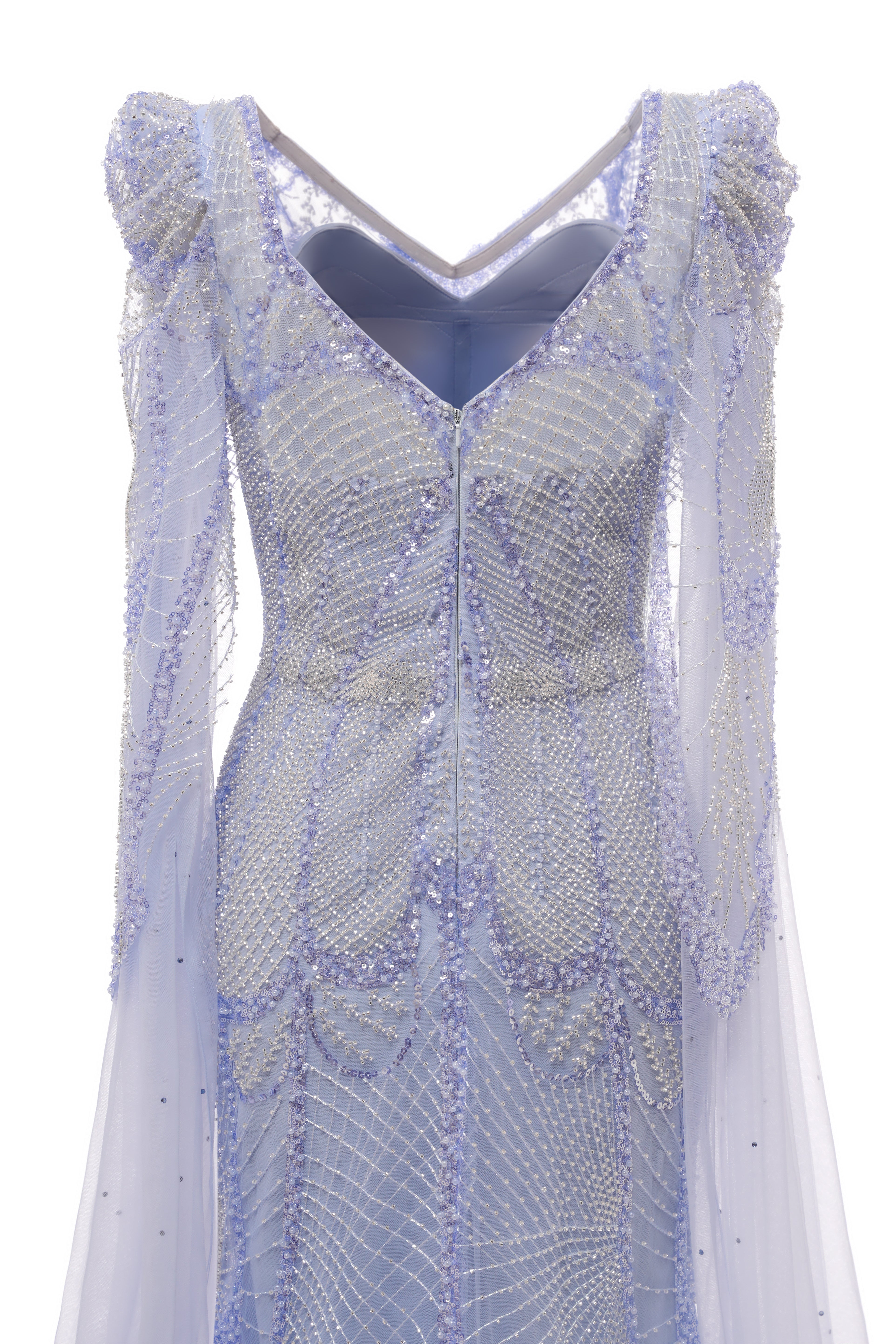 Lilac Tulle Beaded V-neck Mermaid Tulle Evening Dresses-showprettydress