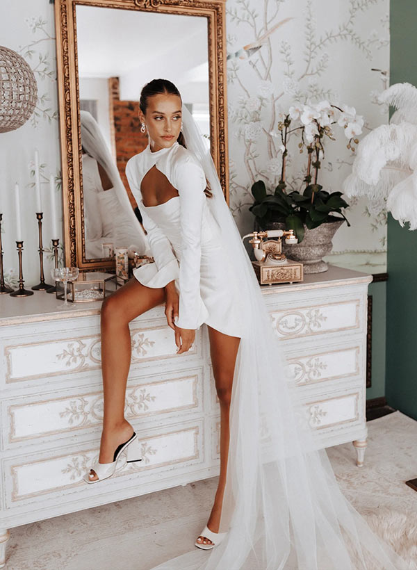 Little White Long Sleeves Wedding Dress-Showprettydress