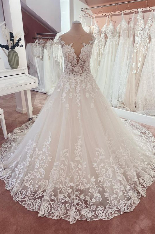Long A-Line Appliques Lace Sweetheart Tulle Wedding Dress-showprettydress