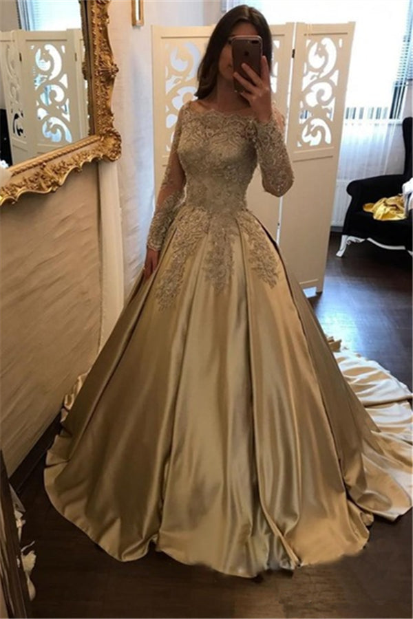 Long A-Line Evening Dresses Bateau Neck Long Sleevess Lace Appliques Prom Dresses-showprettydress