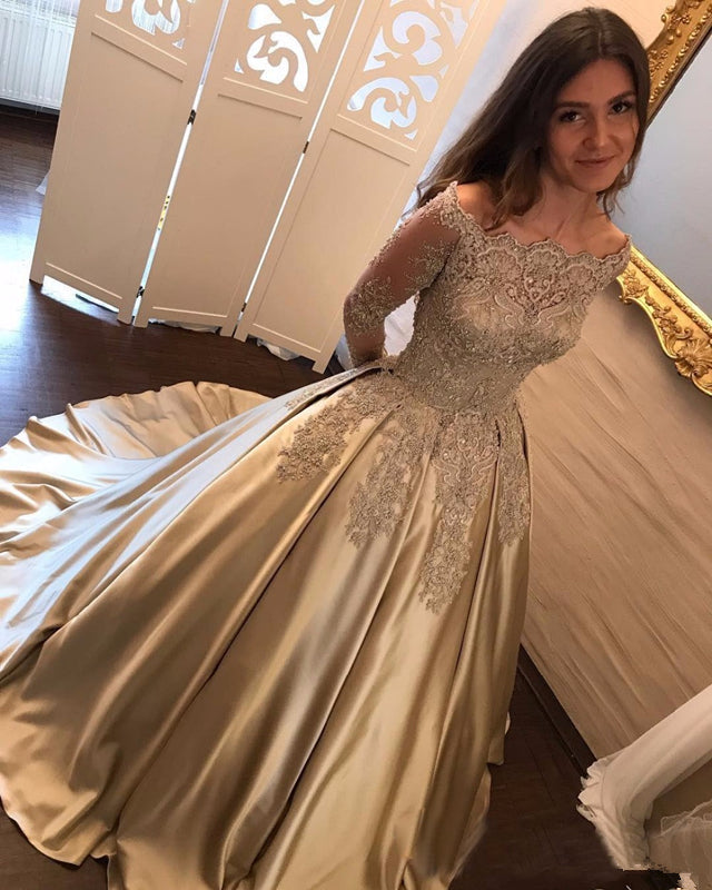 Long A-Line Evening Dresses Bateau Neck Long Sleevess Lace Appliques Prom Dresses-showprettydress