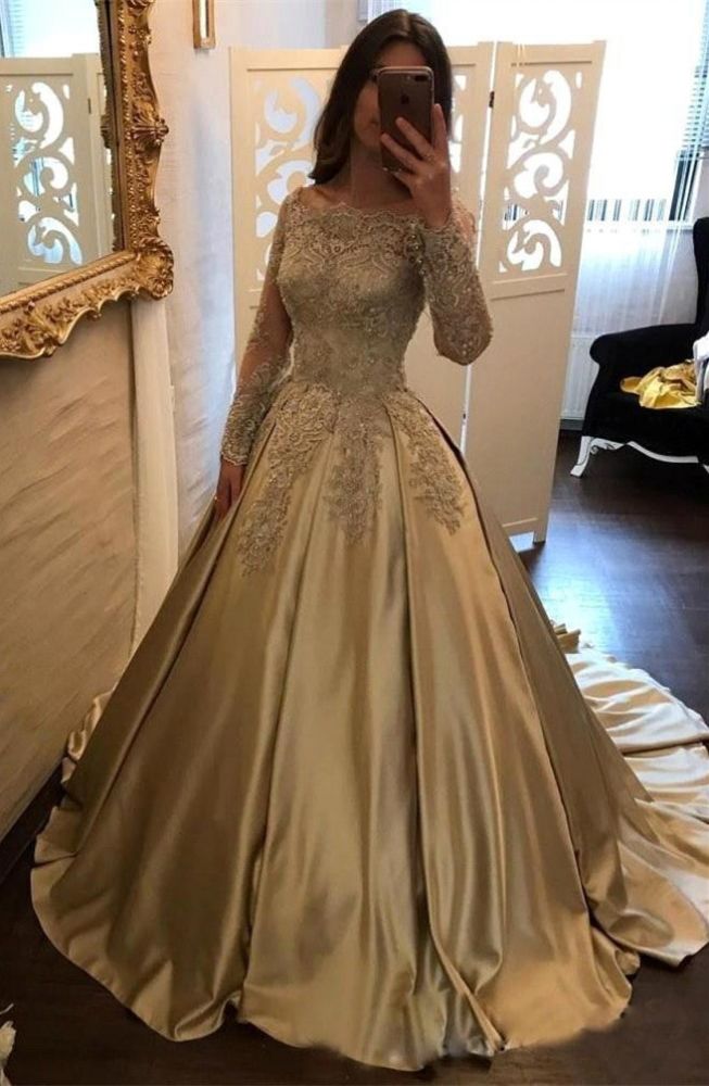 Long A-Line Evening Dresses Bateau Neck Long Sleevess Lace Appliques Prom Dresses-showprettydress