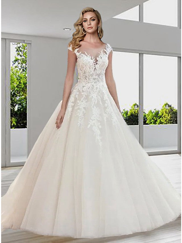 Long A-Line Jewel Neck Sweep Brush Train Lace Tulle Backess Wedding Dresses-showprettydress