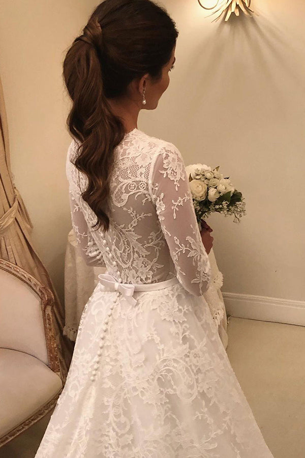 Long A-line Lace Wedding Dress with Sleeves-showprettydress