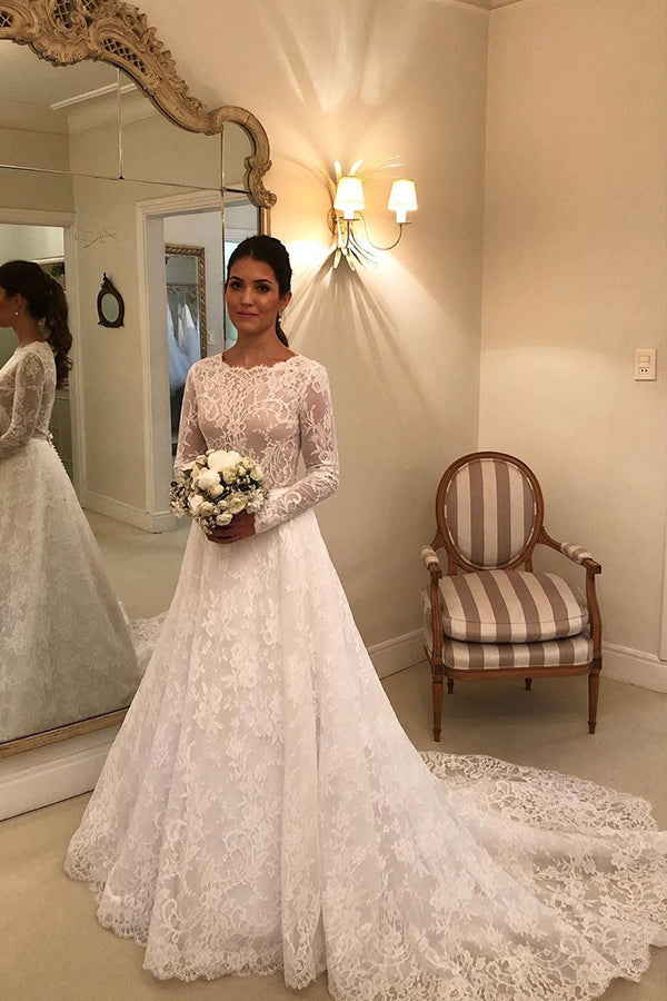 Elegant Long A-line Lace Wedding Dresses With Long Sleeves