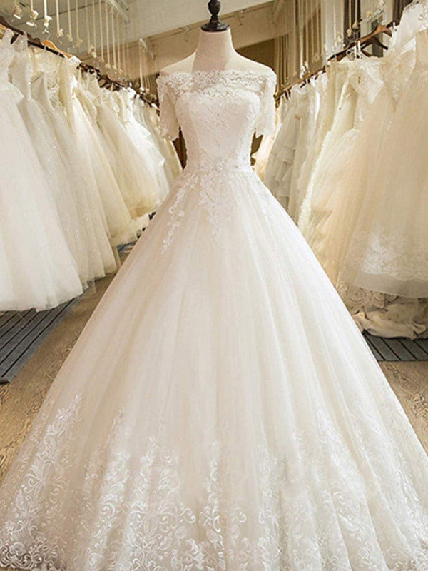 Long A-line Off Shoulder Court Train Lace Tulle Wedding Dresses with Sleeves-showprettydress