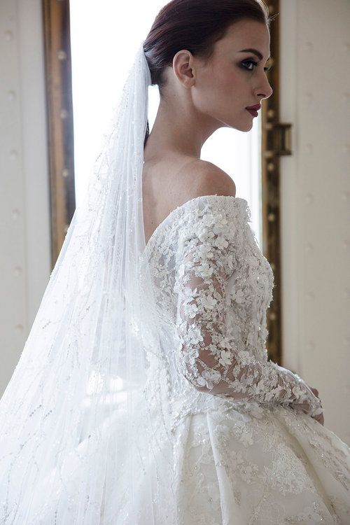 Long A-Line Off-the-Shoulder Sweetheart Backless Appliques Lace Crystal Wedding Dress with Sleeves-showprettydress