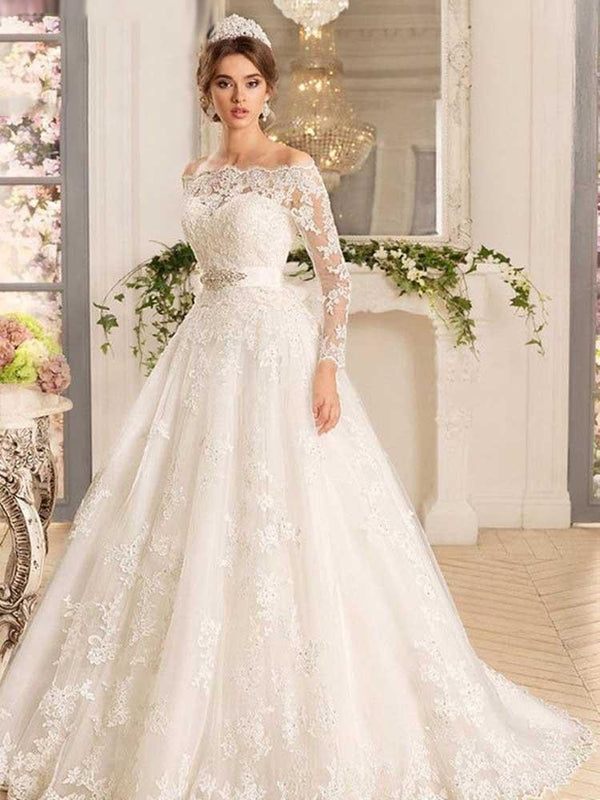 Long A-line Off-the-Shoulder Tulle Lace Wedding Dresses with Sleeves-showprettydress