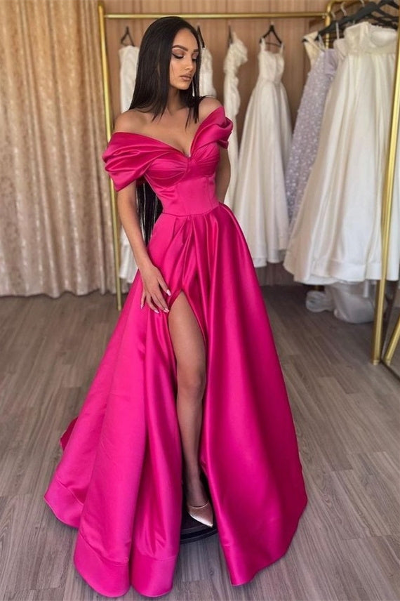 Long A-line Off-the-shoulder V-neck Sleeveless Prom Dress with Slit-showprettydress