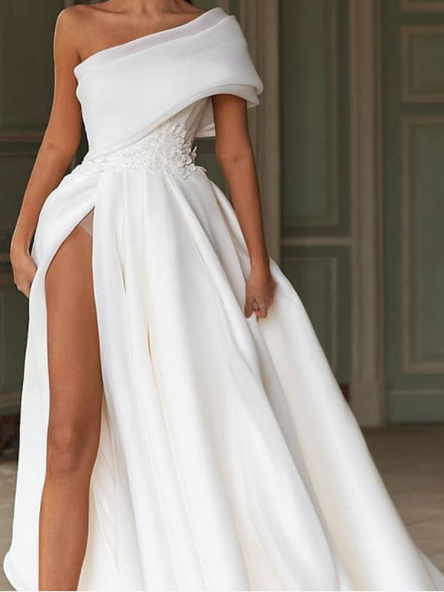 Long A-Line One Shoulder Sweep Brush Train Chiffon Wedding Dresses with Slit-showprettydress