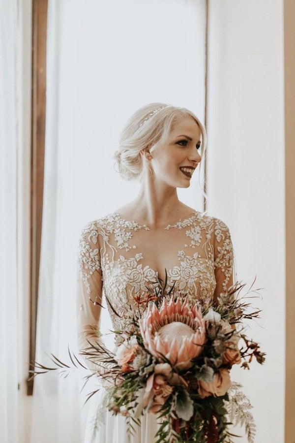 Long A-Line Open Back Chiffon Appliques Lace Wedding Dress with Sleeves-showprettydress